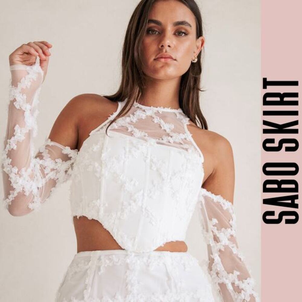 Sabo Skirt corset sheer ruffled lace top off shoulder applique 8